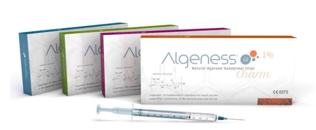 Envases del relleno de agarosa Algeness en sus distintas concentraciones junto a una jeringa