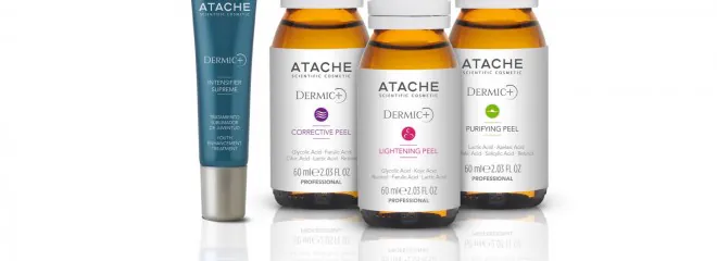 Envases de los peelings profesionales Dermic+ de Atache: iluminador, antiacné y antiedad